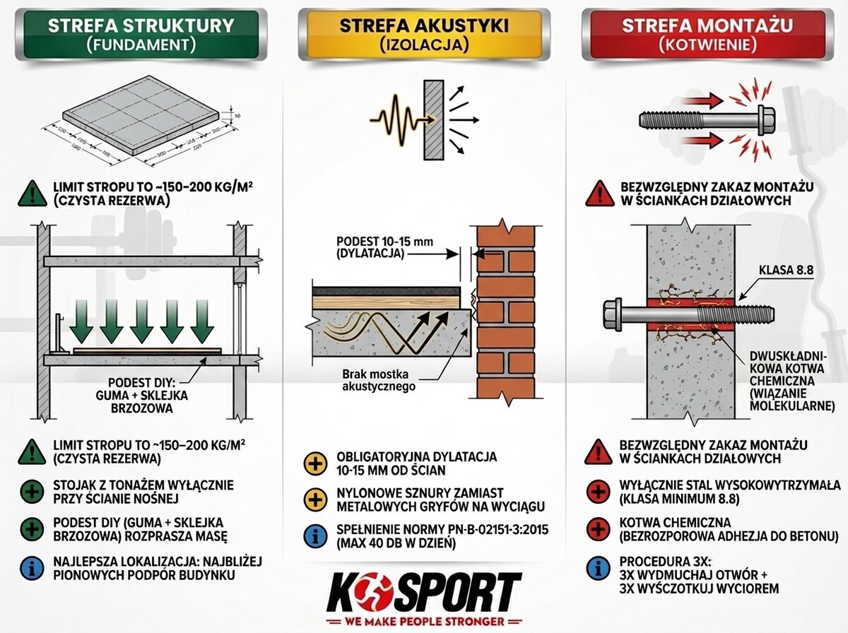 Infografika przedstawiająca 3 filary bezpiecznej siłowni w bloku: kontrolę obciążenia stropu, dylatację akustyczną podestu oraz montaż kotwy chemicznej.