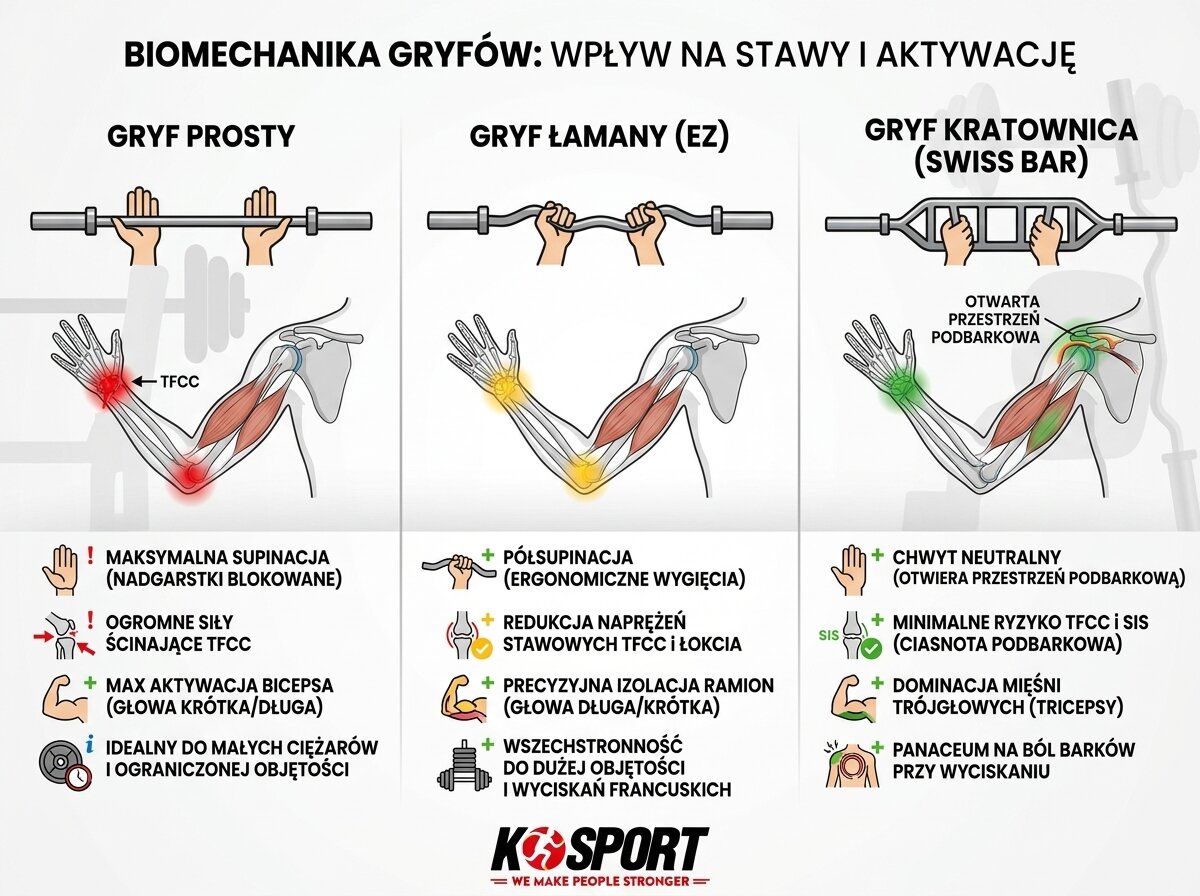 Infografika K-SPORT przedstawiająca biomechanikę gryfów: porównanie gryfu prostego, łamanego EZ oraz kratownicy pod kątem stawów