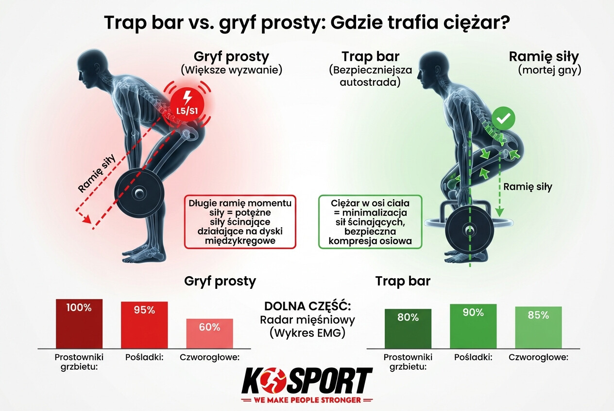 Infografika porównująca biomechanikę martwego ciągu na gryfie prostym i trap barze. Wizualizacja wektorów sił ścinających na kręgosłup lędźwiowy oraz różnic w aktywacji mięśni czworogłowych i prostowników grzbietu.