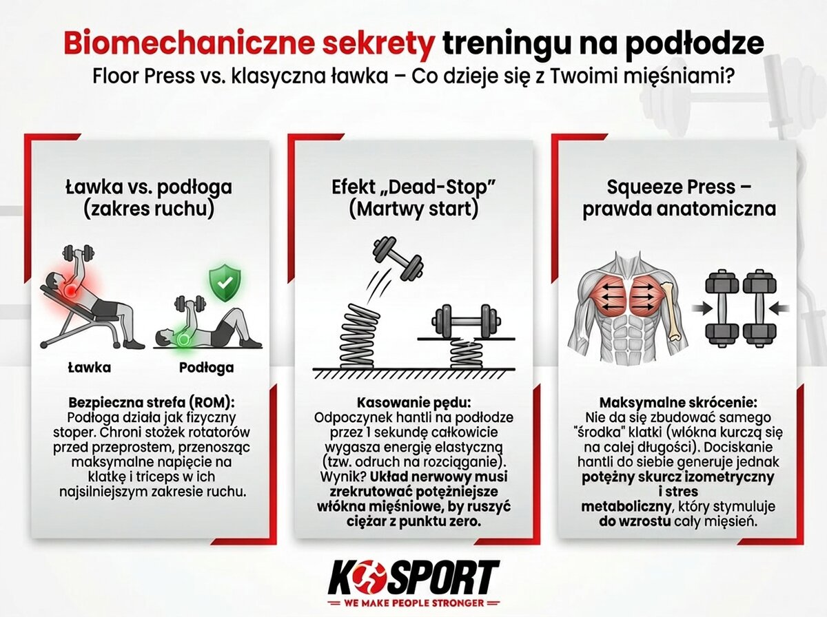 Infografika K-SPORT porównująca trening klatki piersiowej na ławce i podłodze. Pokazuje bezpieczny zakres ruchu, efekt martwego startu oraz anatomię Squeeze Press.
