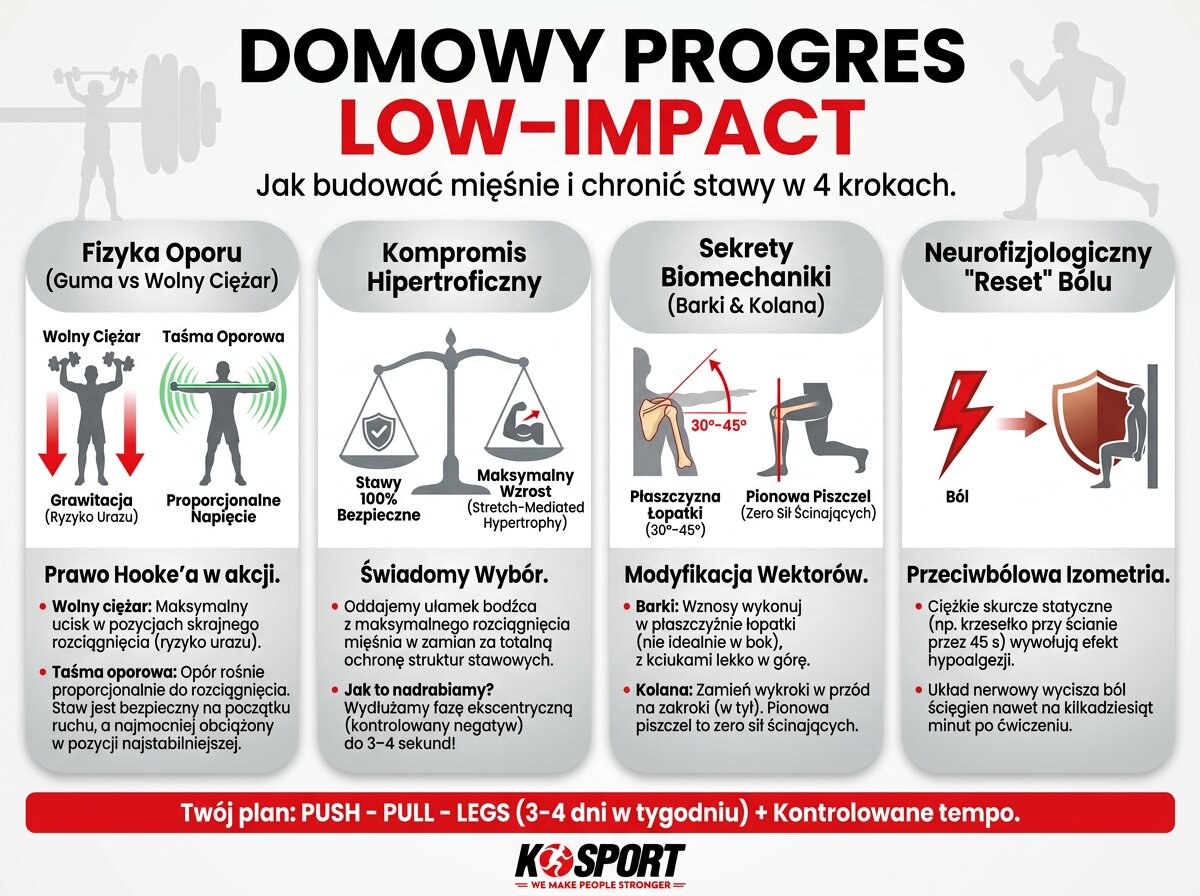 Infografika Domowy Progres Low-Impact K-Sport przedstawiająca zasady treningu z gumami oporowymi, prawo Hooke'a, płaszczyznę łopatki oraz izometrię przeciwbólową