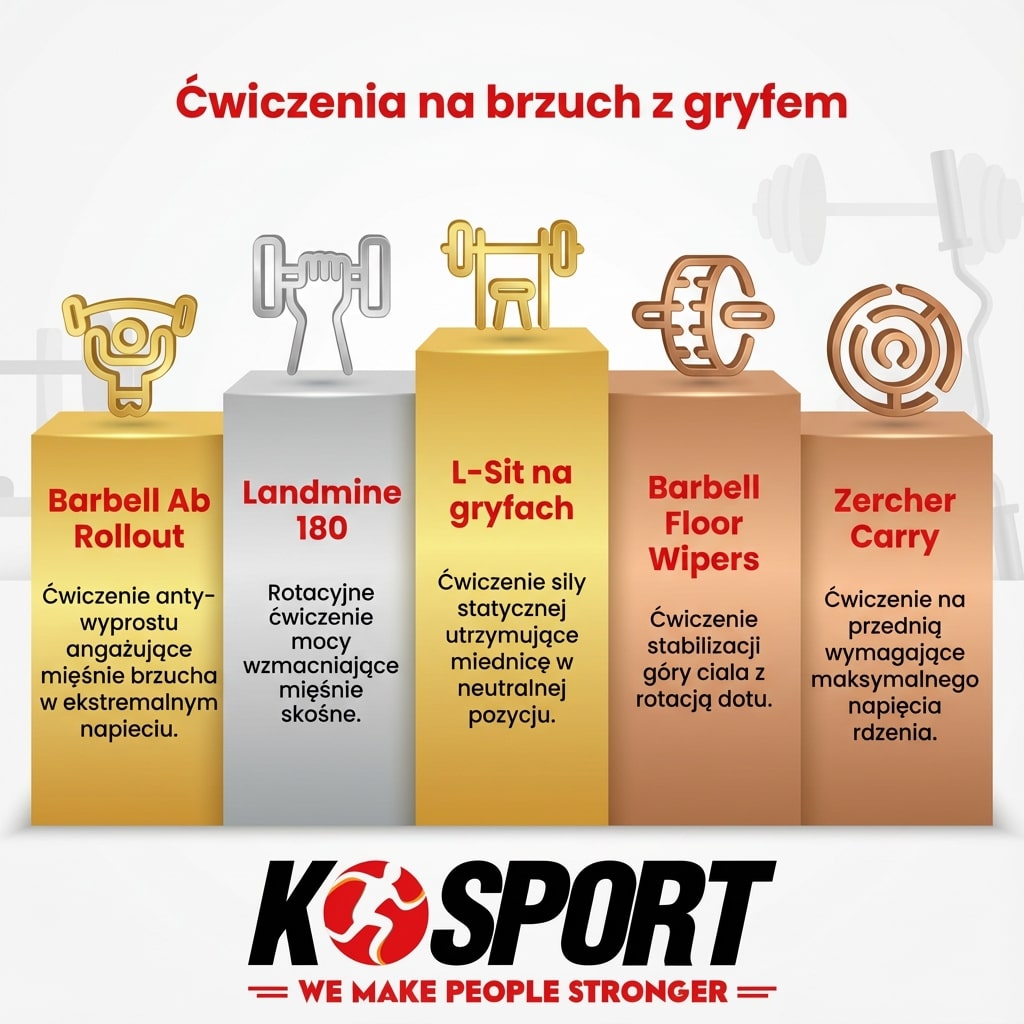 Infografika K-Sport prezentująca 5 ćwiczeń na mięśnie brzucha z wykorzystaniem gryfu: Barbell Ab Rollout, Landmine 180, L-Sit, Floor Wipers oraz Zercher Carry.