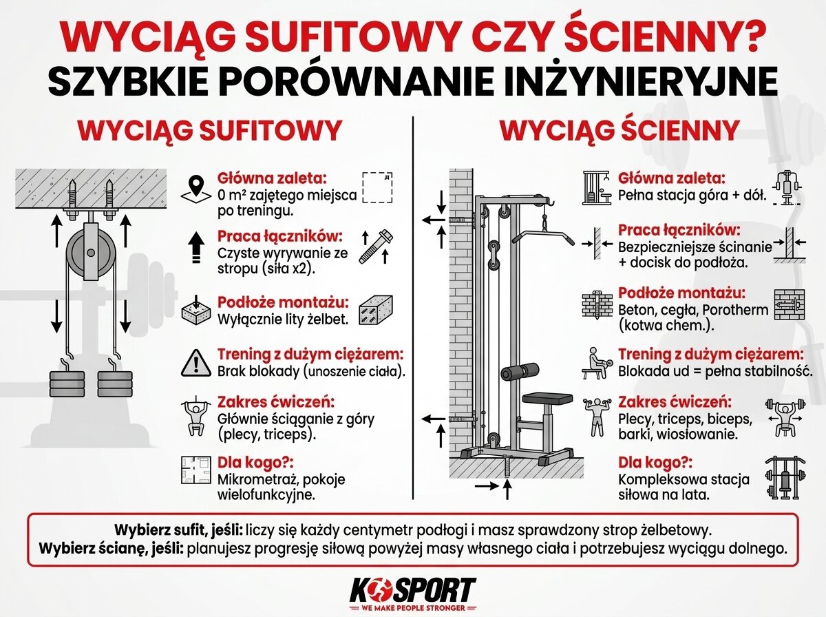 Infografika K-Sport: porównanie wyciągu sufitowego i ściennego pod kątem montażu, biomechaniki, sił wyrywania ze stropu i stabilizacji ciała w treningu.