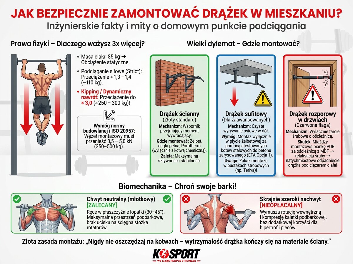 Infografika K-Sport przedstawiająca jak bezpiecznie zamontować drążek do podciągania w mieszkaniu: porównanie montażu ściennego, sufitowego i rozporowego oraz zasady biomechaniki chwytu neutralnego i nachwytu