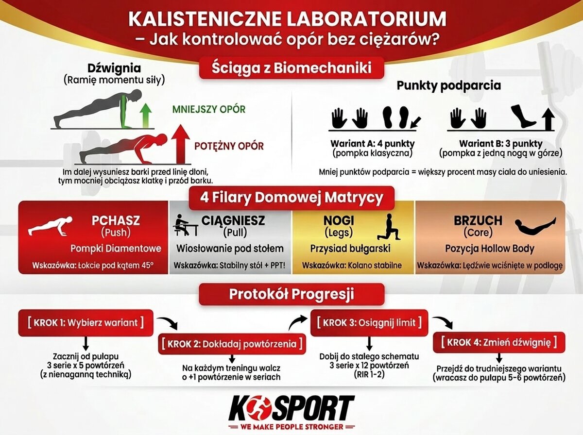 Infografika K-Sport: 4 filary domowej matrycy kalistenicznej oraz protokół progresji siłowej za pomocą zmiany dźwigni i punktów podparcia.