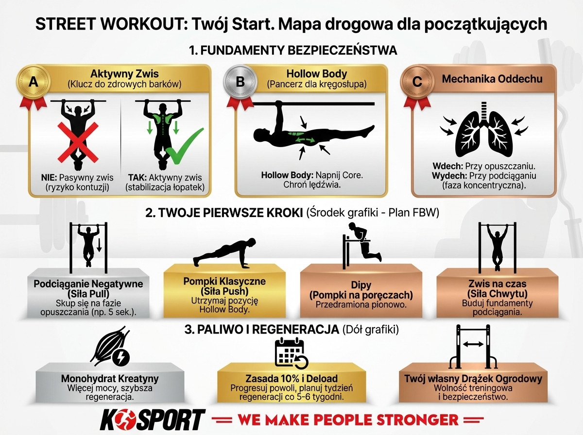 Infografika K-Sport „Street Workout: Twój Start”. Przedstawia zasady aktywnego zwisu i hollow body, plan treningowy FBW oraz wskazówki o suplementacji i regeneracji