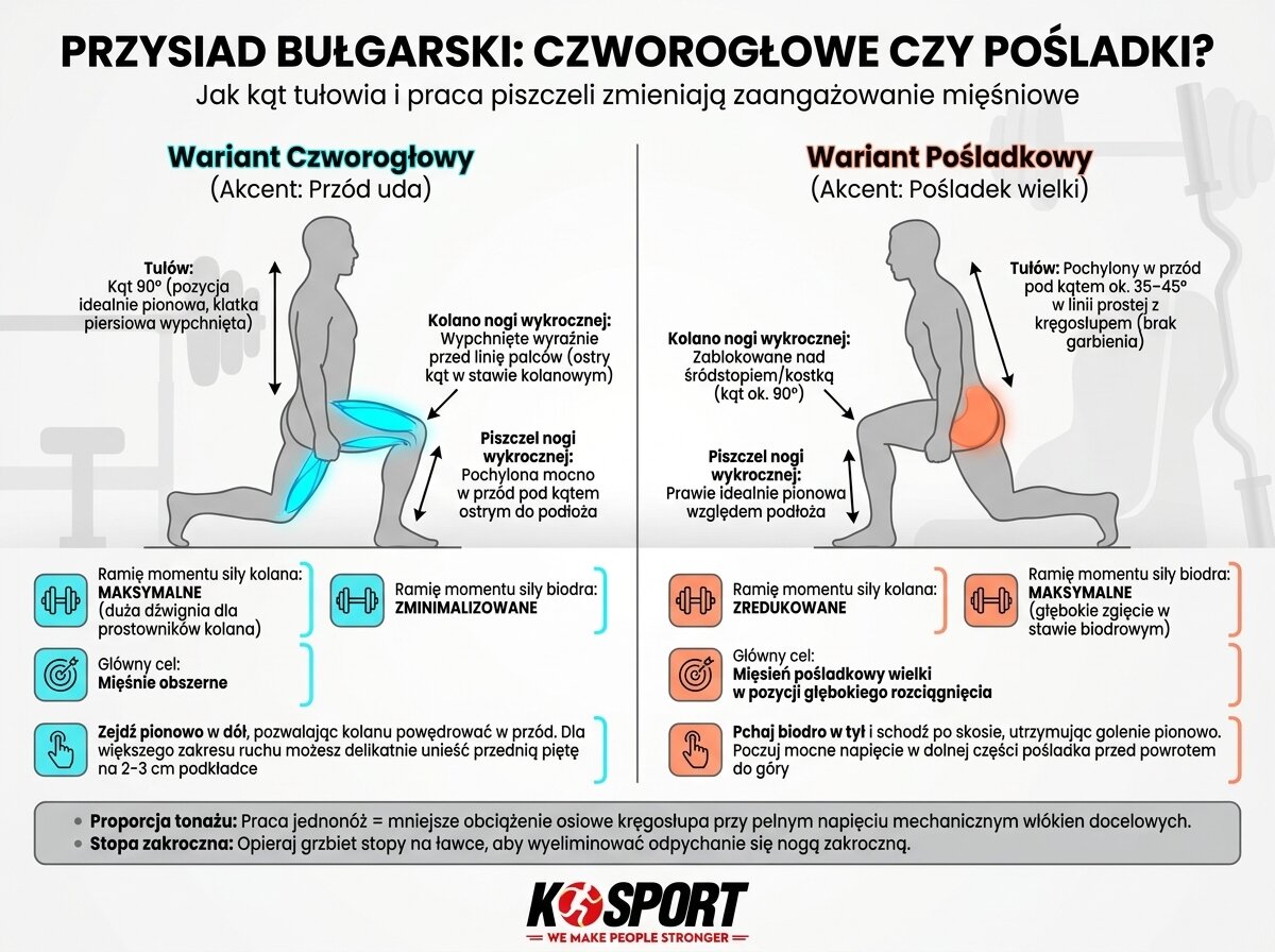 Infografika przedstawiająca biomechanikę przysiadu bułgarskiego: wariant na mięśnie czworogłowe z pionowym tułowiem oraz wariant na pośladki z pochyleniem tułowia