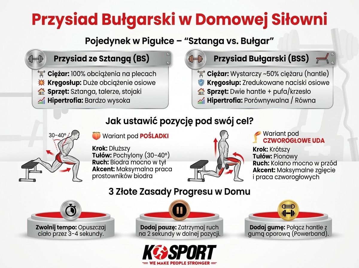 Infografika porównująca przysiad ze sztangą i przysiad bułgarski w domu. Wykres przedstawia ustawienie pozycji pod pośladki oraz czworogłowe uda.