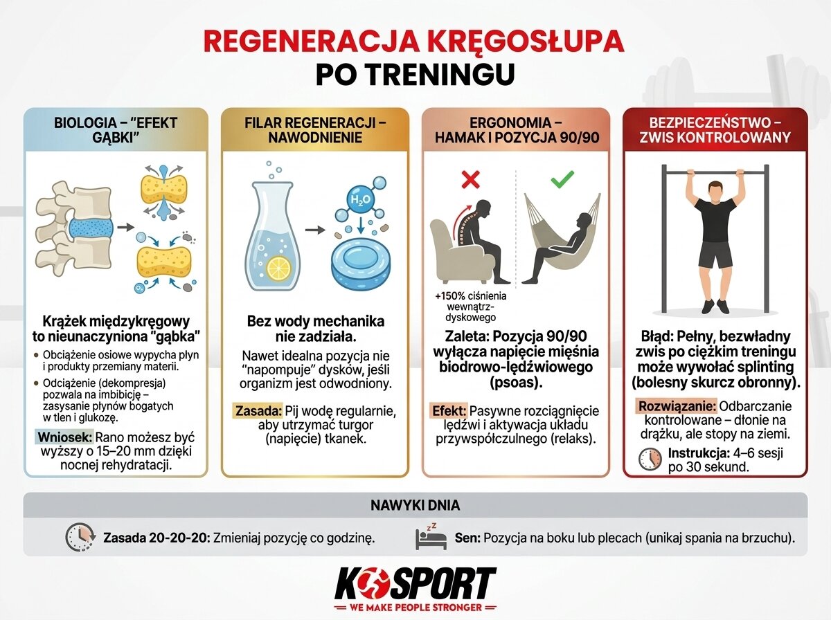 Infografika K-Sport: Regeneracja kręgosłupa po treningu. Wyjaśnia efekt gąbki, znaczenie nawodnienia, pozycję 90/90 w hamaku oraz bezpieczne odbarczanie na drążku
