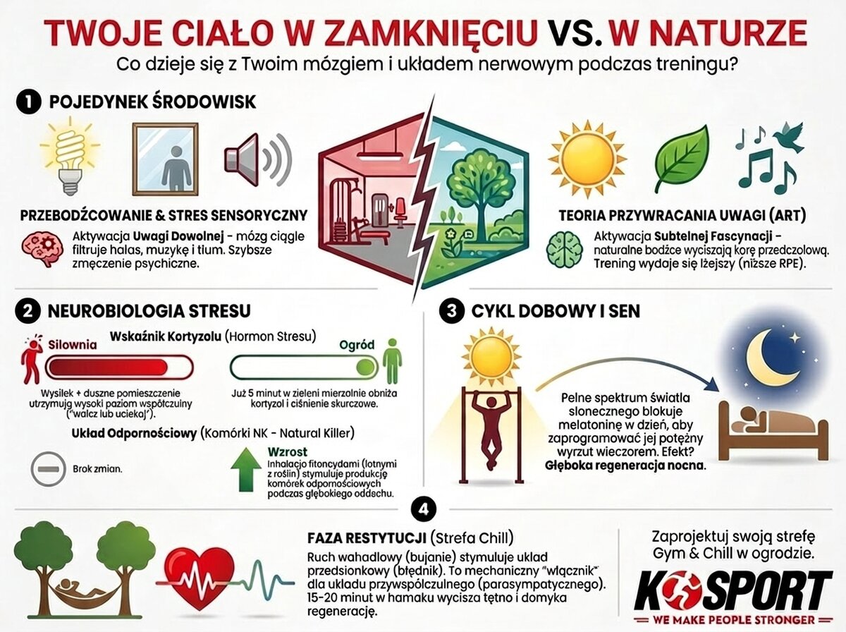 Infografika K-Sport: Porównanie zamkniętej siłowni i treningu w ogrodzie. Pokazuje stres sensoryczny vs zielone ćwiczenia, wpływ na kortyzol i relaks