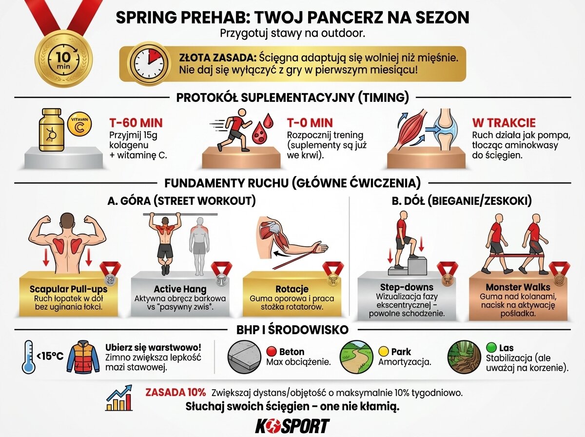 Infografika K-Sport: Spring Prehab: Twój pancerz na sezon, prezentująca zasady przygotowania stawów do treningu outdoorowego