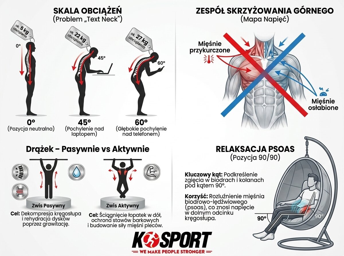 Infografika K-Sport o syndromie biurowym. Pokazuje obciążenia Text Neck, zespół skrzyżowania górnego, różnice między zwisem pasywnym i aktywnym oraz relaksację psoas