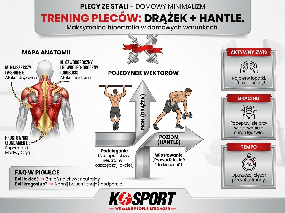 Infografika K-Sport o treningu mięśni pleców hantlami i na drążku. Przedstawia mapę anatomii, technikę aktywnego zwisu, bracingu oraz zasady progresji i tempa
