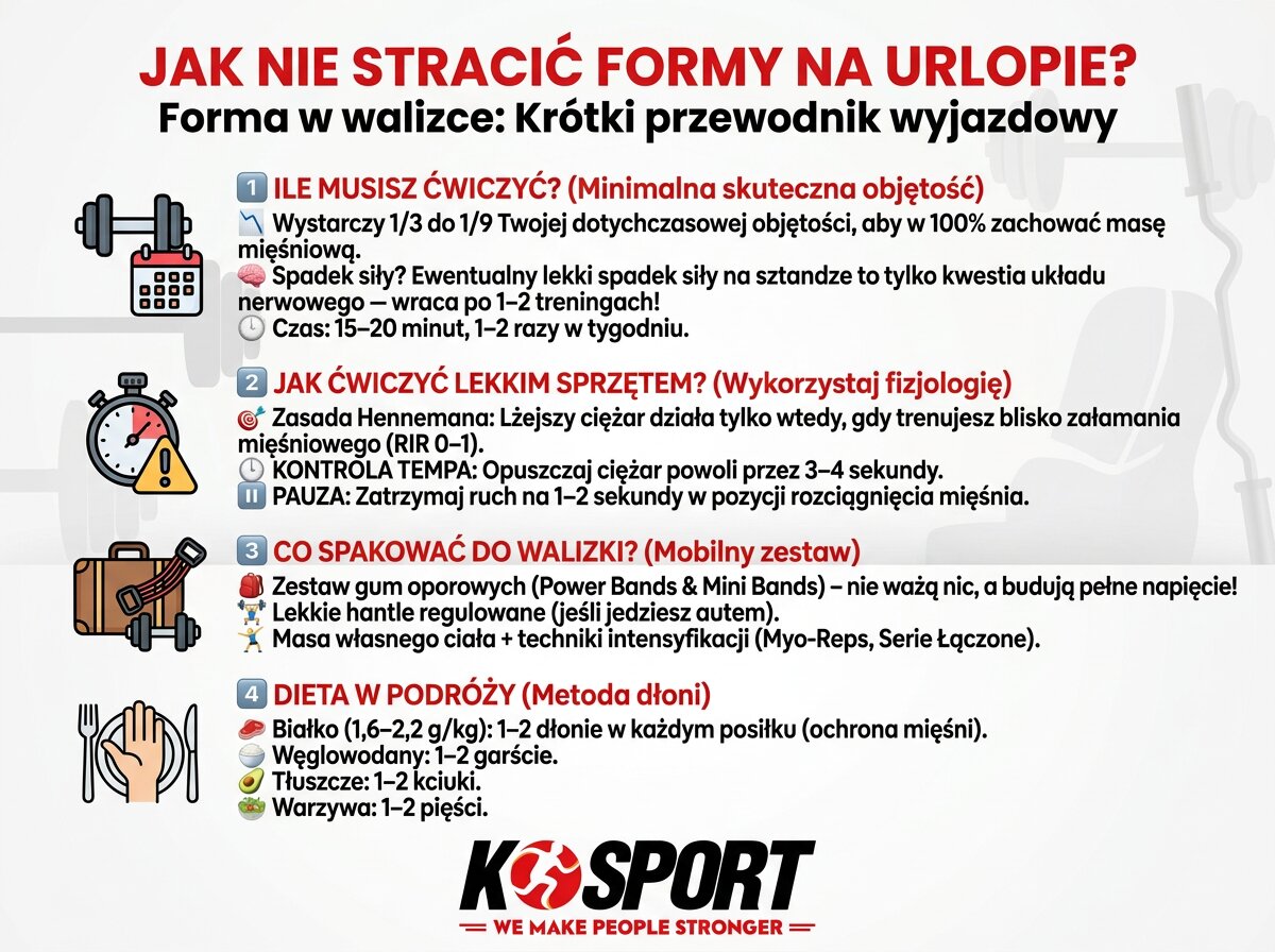 Infografika z podsumowaniem treningu na urlopie: minimalna objętość, praca z gumami i hantlami, tempo ćwiczeń oraz szacowanie diety dłonią.