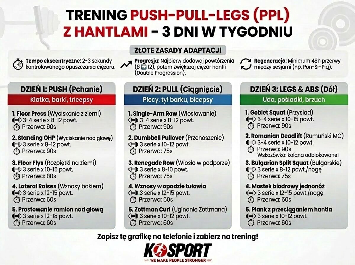 Infografika z planem treningowym Push Pull Legs (PPL) z hantlami w domu. Trzydniowa rozpiska ćwiczeń z podziałem na serie, powtórzenia i czas przerw