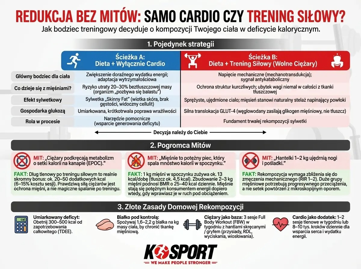 Infografika porównująca trening siłowy i cardio na redukcji: wpływ na spalanie tłuszczu, masę mięśniową i metabolizm