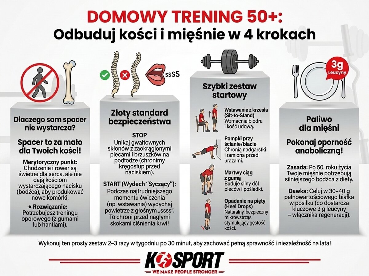 Infografika K-Sport: Domowy trening siłowy po 50. roku życia. 4 kroki do wzmocnienia kości, odbudowy mięśni, bezpiecznych ćwiczeń w salonie i diety bogatej w białko