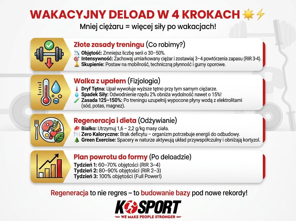 Infografika przedstawiająca zasady wakacyjnego deloadu w 4 krokach: trening, fizjologia, regeneracja i powrót do formy – KSPORT