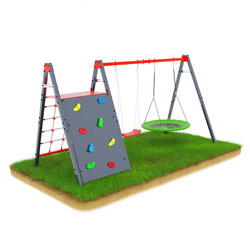 Huśtawka ogrodowa ze ścianką i liną wspinaczkową podwójna mieszcząca bocianie gniazdo i huśtawkę KSOZ014S 
