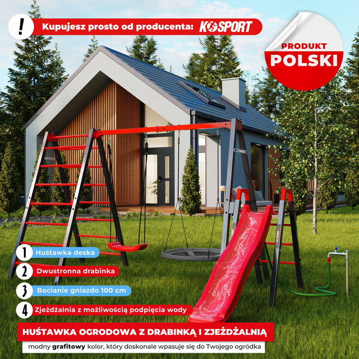 Huśtawka ogrodowa z drabinką podwójna i zjeżdżalnia bocianie gniazdo KSOZ020
